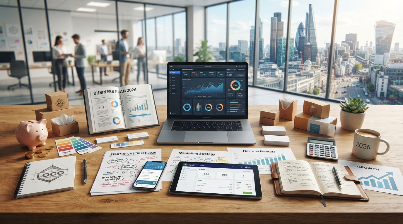 Modern business startup workspace with a laptop displaying business analytics, financial charts, business plan, marketing strategy documents, calculator, smartphone, and branding materials representing entrepreneurship in 2026.