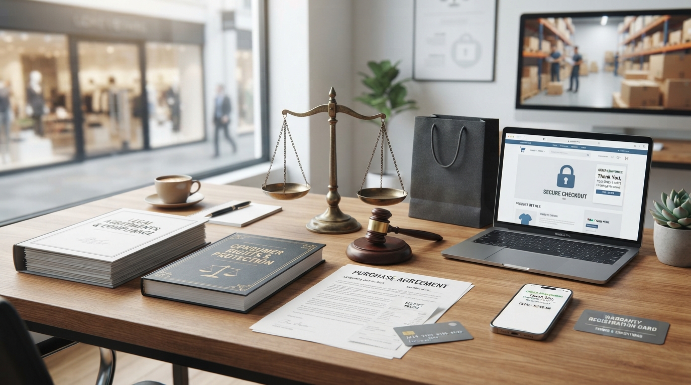 Legal documents, a scale of justice, a shopping bag, receipt, warranty card, credit card, and laptop displaying secure online shopping, representing consumer rights and legal protection.