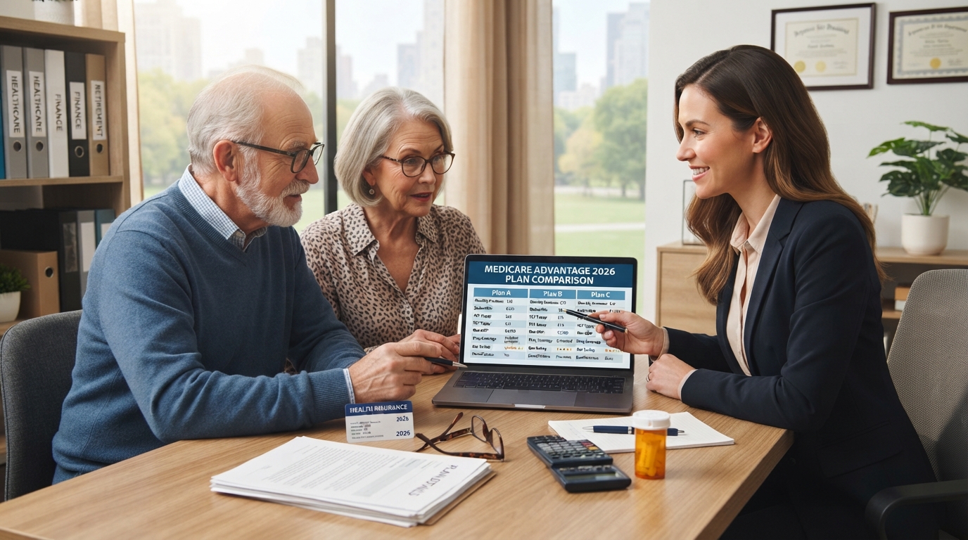 Older couple comparing Medicare Advantage plans, premiums, benefits, and healthcare coverage