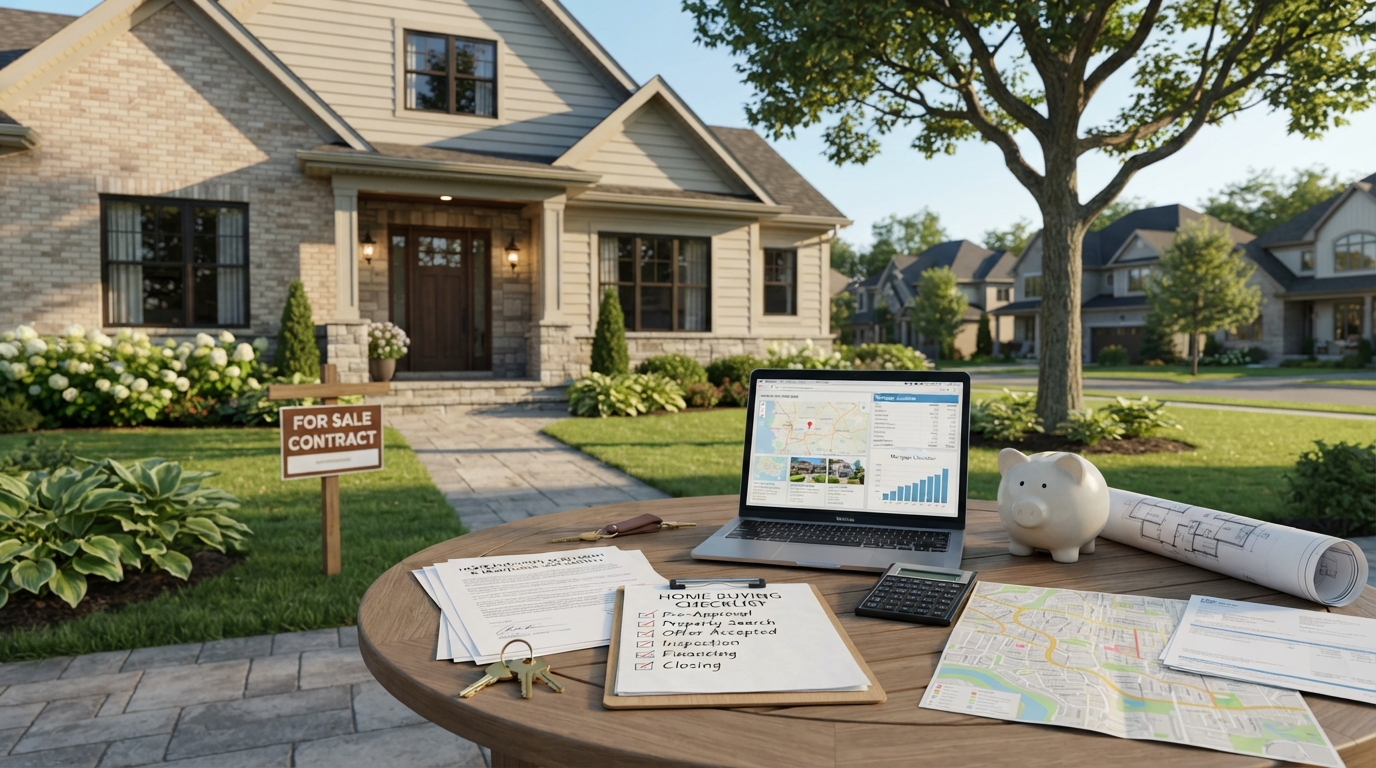 A modern family home with house keys, mortgage documents, a calculator, laptop, home-buying checklist, and real estate paperwork representing the first-time home buying process.