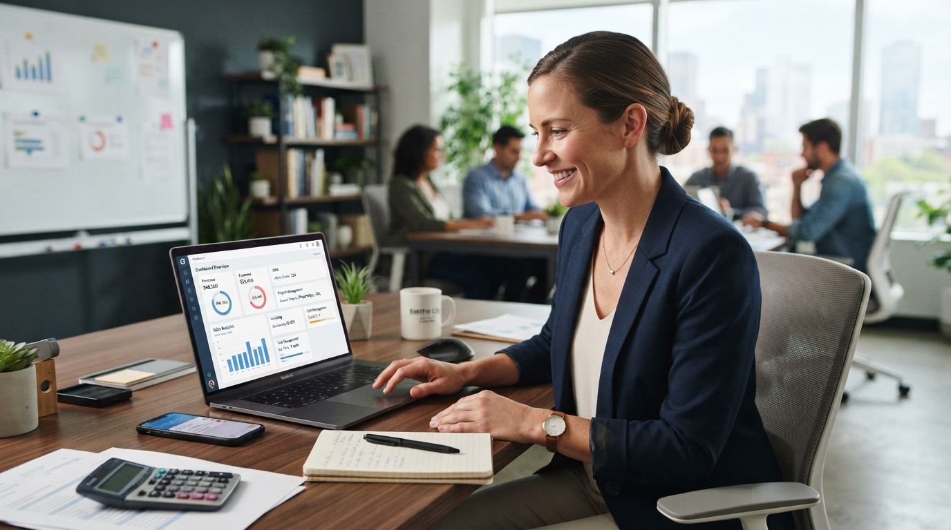 Small business owner using business software for accounting, CRM, and project management