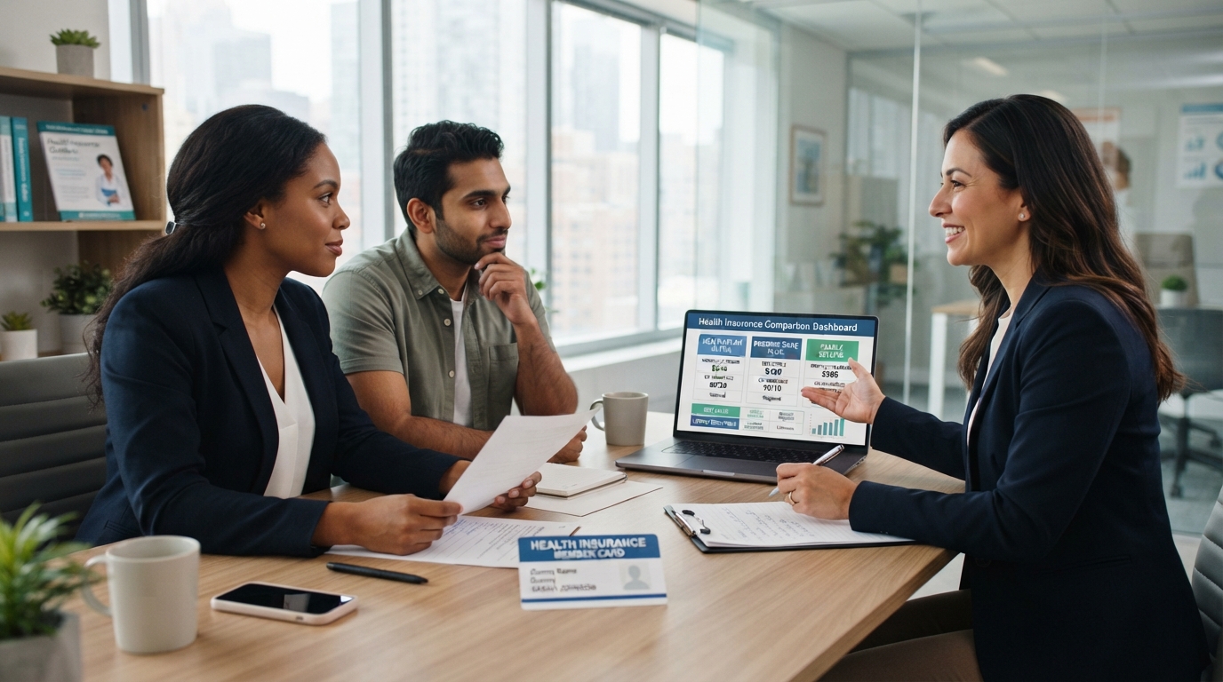 Family comparing health insurance plans, premiums, deductibles, and healthcare coverage