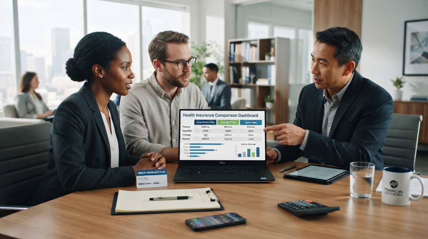 Family comparing health insurance companies, coverage options, premiums, and deductibles