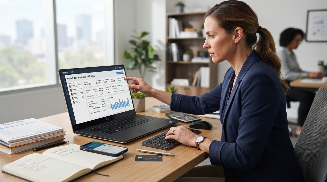 Small business owner using payroll software to manage employee salaries, taxes, and payroll records