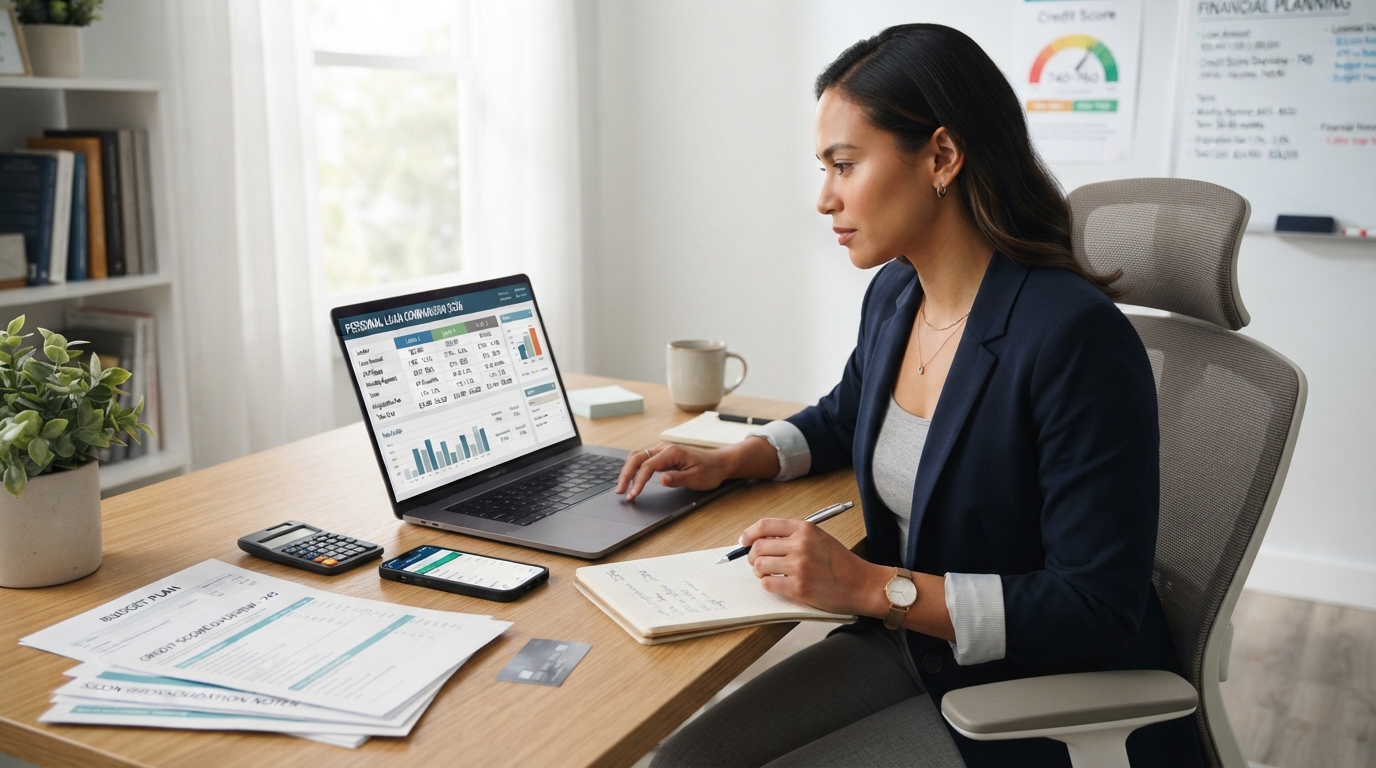 Person comparing personal loan offers, APRs, monthly payments, fees, and repayment terms