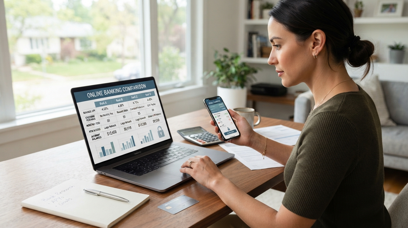 Person comparing online banks, savings APYs, checking accounts, fees, and digital banking features