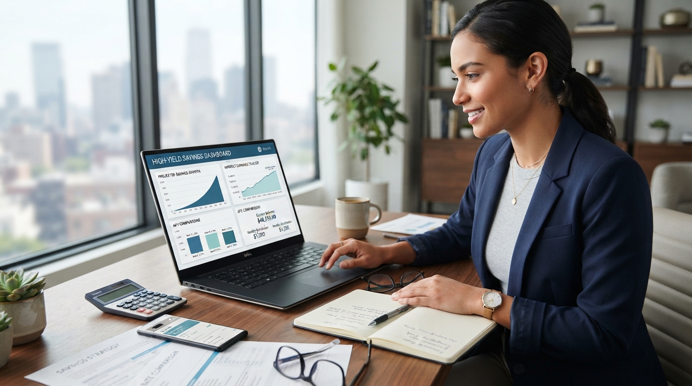High-yield savings account comparison showing APY, savings growth, and personal finance planning