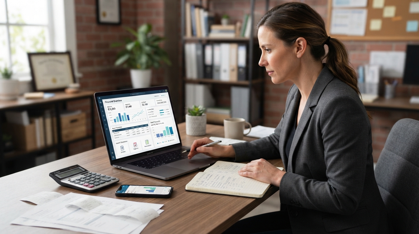 Small business owner using accounting software to manage invoices, expenses, cash flow, and financial reports